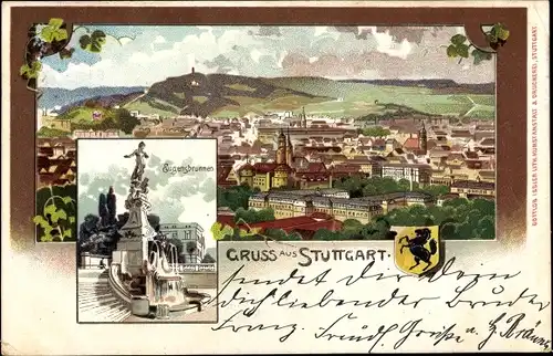 Passepartout Litho Stuttgart in Württemberg, Totalansicht, Eugensbrunnen
