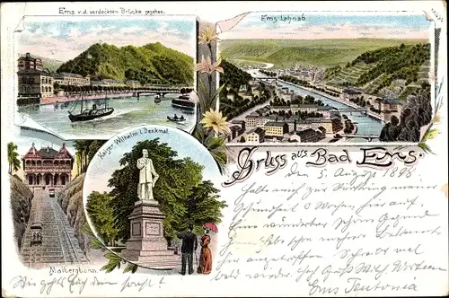 Litho Bad Ems an der Lahn, Panorama, Kaiser Wilhelm I Denkmal, Malbergbahn, Standseilbahn