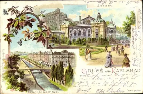 Litho Karlovy Vary Karlsbad Stadt, Kaiserin Elisabeth Quai, Stadtpark