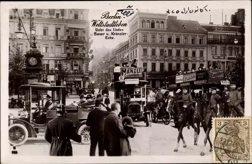 Ak Berlin Mitte, Unter den Linden, Friedrichstraße, Hotel Bauer, Kranzler-Ecke, Bus, Tram, Reklame