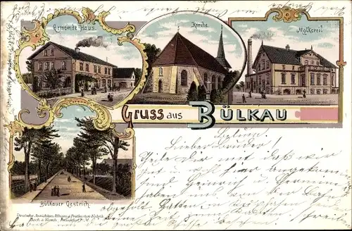 Litho Bülkau in Niedersachsen, Gemeinde Haus, Kirche, Molkerei, Gestrich