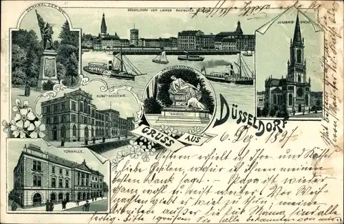 Litho Düsseldorf am Rhein, Kunstakademie, Tonhalle, Johanniskirche, Denkmal