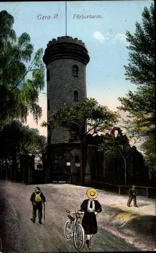 Ak Gera in Thüringen, Färberturm, Passanten, Fahrrad