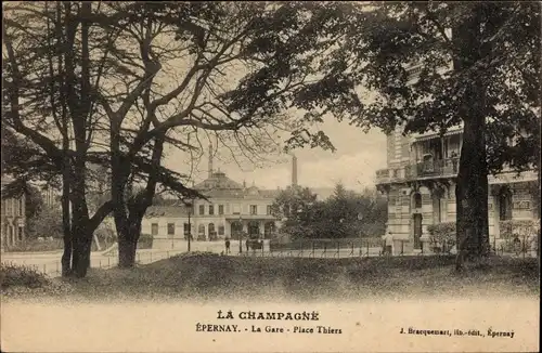 Ak Epernay Marne, La Gare, Place Thiers