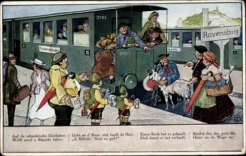 Lied Künstler Ak Boettcher, Hans, Auf de schwäbische Eisebahne, Bahnhof Ravensburg