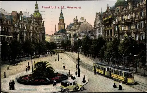 Ak Frankfurt am Main, Rossmarkt, Straßenbahn, Beet, Auto, Kirchturm