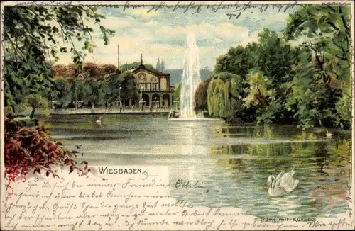 Litho Wiesbaden in Hessen, See, Springbrunnen, Kursaal