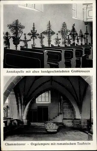 Ak Chammünster Cham Oberpfalz, Annakapelle, handgeschmiedete Grabkreuze, Orgelempore, Taufstein