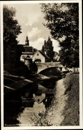 Ak Donauwörth in Schwaben Bayern, Teilansicht, Kirchturm, Brücke, Fluss