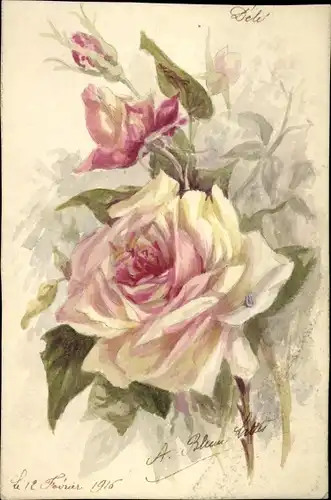 Handgemalt Litho Blühende Rosen