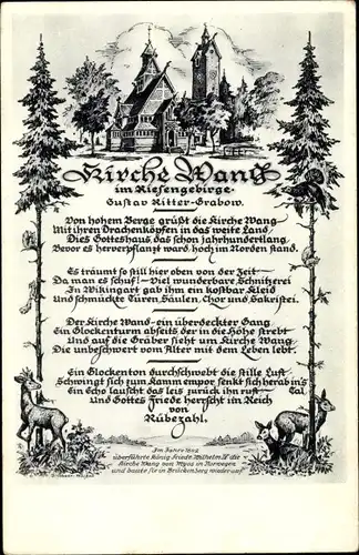 Ak Brückenberg bei Krummhübel Riesengebirge Schlesien, Kirche Wang, Gedicht Ritter Grabow