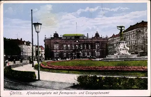 Ak Görlitz in der Lausitz, Hindenburgplatz, Fernsprech- und Telegraphenamt, Brunnen