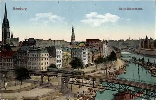 Ak Hamburg Mitte Altstadt, Kajen-Binnenhafen, Brücke, Eisenbahn, Kirchtürme