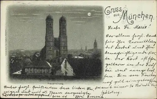 Mondschein Litho München, Frauenkirche, Nachtaufnahme