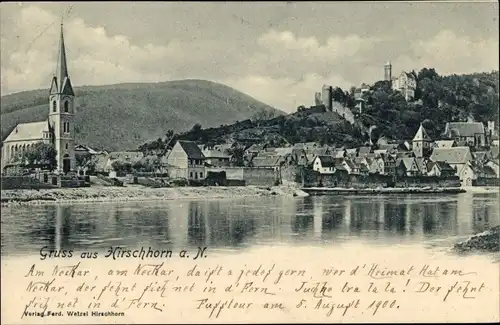 Ak Hirschhorn am Neckar Hessen, Fluss, Kirche