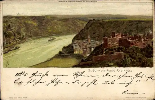 Künstler Litho St. Goar am Rhein, Burg Rheinfels, Ruine Rheinfels