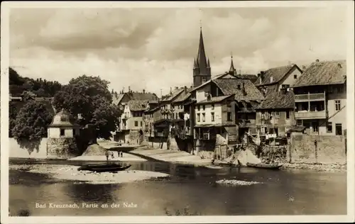 Ak Bad Kreuznach in Rheinland Pfalz, Nahe, Wasserpartie, Kirchturm