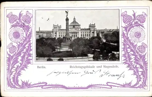 Passepartout Ak Berlin Tiergarten, Reichstagsgebäude, Siegessäule