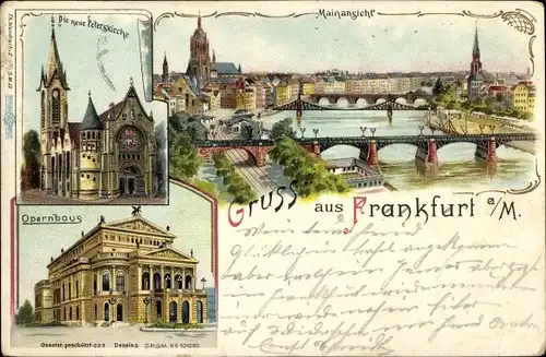 Litho Frankfurt am Main, Mainansicht, Peterskirche, Opernhaus