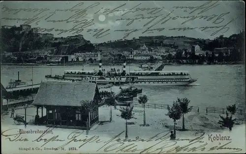 Mondschein Ak Koblenz am Rhein, Ehrenbreitstein, Schiff, Anleger, Ortsansicht