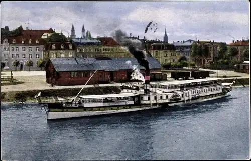 Ak Ludwigshafen am Rhein, Raddampfer, Waggons, Teilansicht