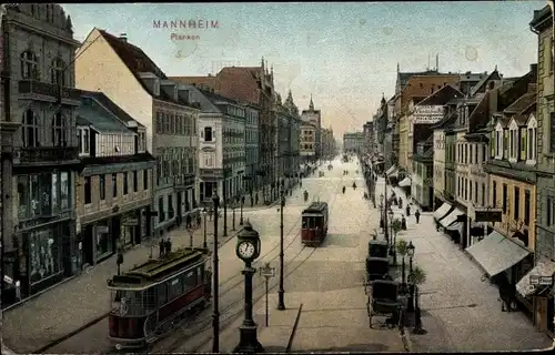 Ak Mannheim, Partie an den Planken, Straßenbahnen