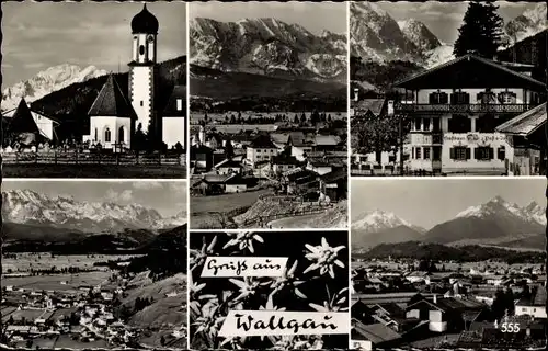 Ak Wallgau Oberbayern, Kirche, Teilansichten, Gasthaus, Panorama, Edelweiss