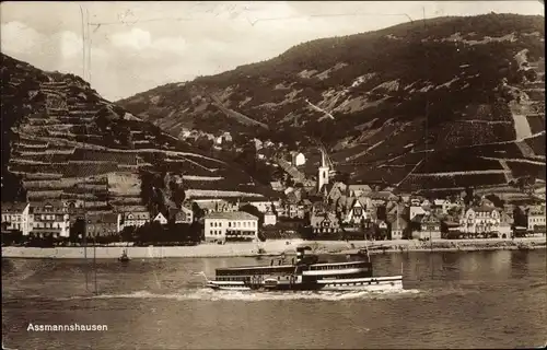 Ak Assmannshausen Rüdesheim am Rhein, Ortsansicht, Schiff