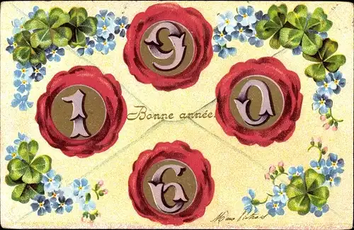 Präge Litho Glückwunsch Neujahr, Jahreszahl 1906, Kleeblätter, Vergissmeinnicht