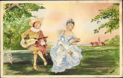 Künstler Ak Liebespaar, Mann mit Gitarre