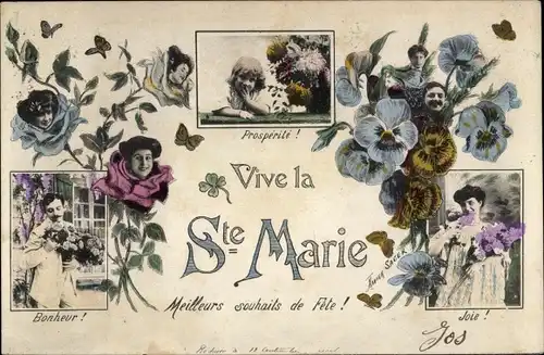 Ak Vive Sainte Marie, Stiefmütterchen, Rosenblüten, Portraits