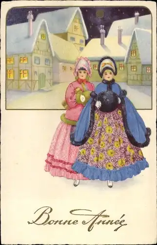 Ak Glückwunsch Neujahr, Zwei Frauen in bunten Kleidern, Ortschaft im Winter