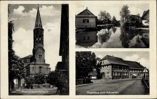 Ak Rheinbischofsheim Rheinau in Baden, Gasthaus zum Schwanen, Kirche, Bach