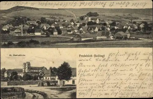 Ak Fredelsloh Moringen in Niedersachsen, Blick auf Ortschaft mit St. Blasiuskirche