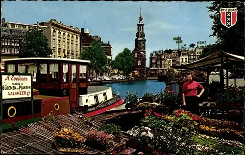 Ak Amsterdam Nordholland Niederlande, Blumenmarkt Singel, Schild A. Eveleens Handel, Hausboot