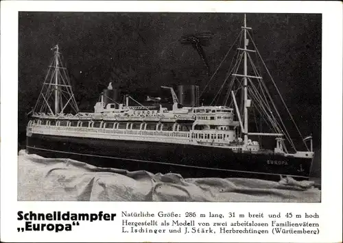 Ak Norddeutscher Lloyd Bremen, Vierschrauben Turbinenschnelldampfer Europa, Modell