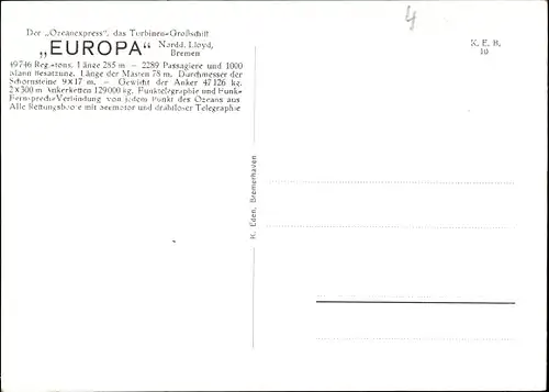 Ak Dampfschiff Europa, Turbinenschnelldampfer, Norddeutscher Lloyd