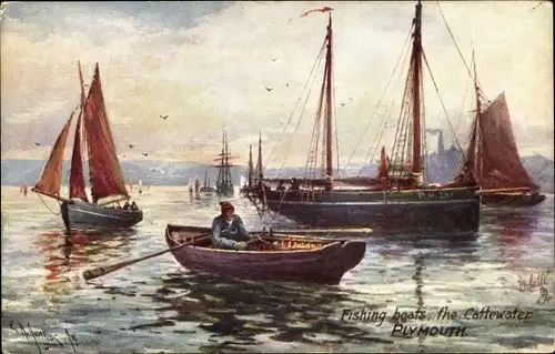 Künstler Ak Plymouth Devon England, Fischerboote, Cattewater