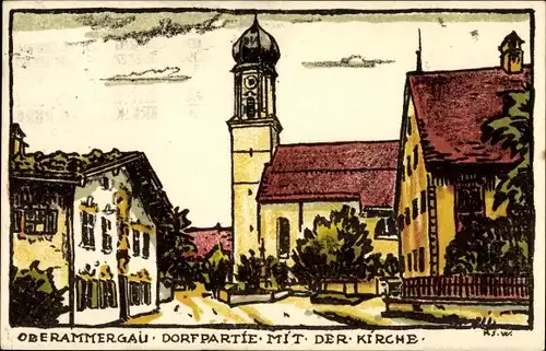 Künstler Ak Oberammergau in Oberbayern, Dorfpartie mit Kirche