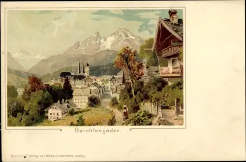 Litho Berchtesgaden in Oberbayern, Teilansicht vom Ort mit Kirche, Berglandschaft