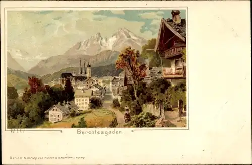 Litho Berchtesgaden in Oberbayern, Teilansicht vom Ort mit Kirche, Berglandschaft