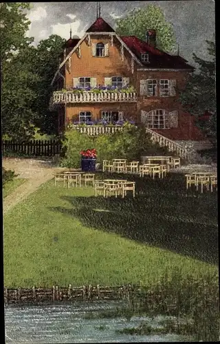 Künstler Ak Unterschondorf Schondorf am Ammersee, Kaffee Forster, Blick auf die Terrasse