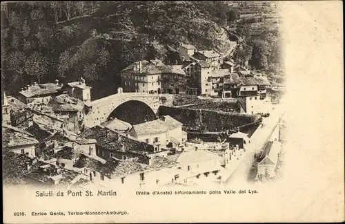 Ak Pont Saint Martin Aostatal Valle d'Aosta, Teilansicht mit Brücke