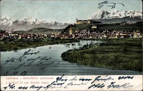 Ak Ljubljana Laibach Slowenien, Panorama mit Steiner Alpen