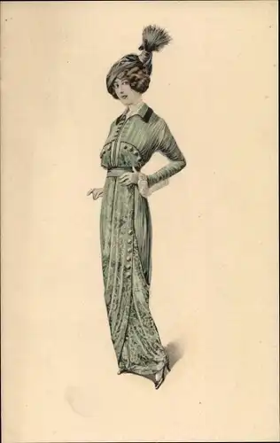 Ak Dame im eleganten grünen Kleid