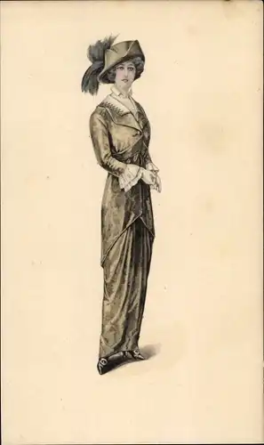 Ak Dame im eleganten grau-grünen Kleid