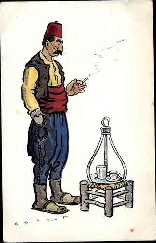 Künstler Ak Goyet, Thessaloniki Griechenland, Le Cafe turc, Rauchender Mann in Tracht