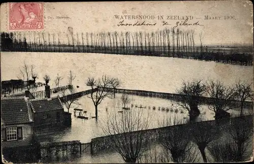 Ak Zeeland Niederlande, Watersnood 1906, überschwemmter Ort