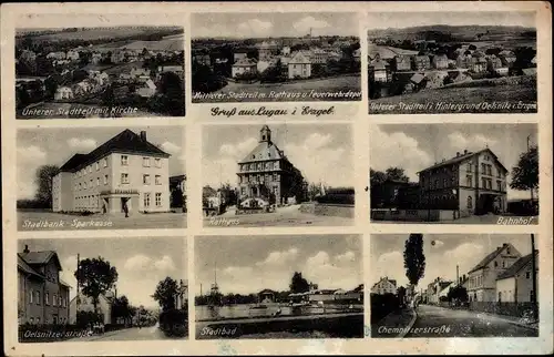 Ak Lugau im Erzgebirge, Bahnhof, Rathaus, Stadtbank, Sparkasse, Stadtbad, Unterer Stadtteil