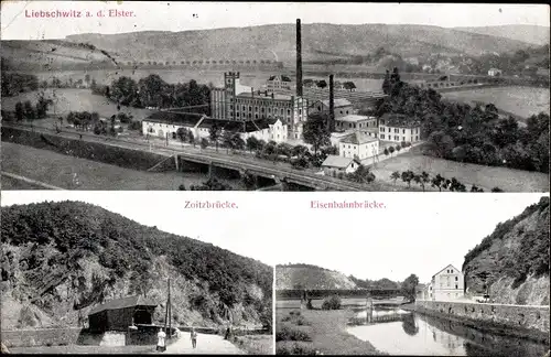 Ak Liebschwitz Gera in Thüringen, Fabrik, Zoitzbrücke, Eisenbahnbrücke